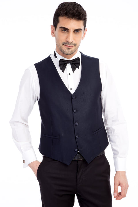 Navy Blue 7 Drop Slim Fit Narrow Cut Pointed Collar Patterned Vest Tuxedo & Groom Suit