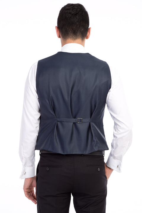 Navy Blue 7 Drop Slim Fit Narrow Cut Pointed Collar Patterned Vest Tuxedo & Groom Suit
