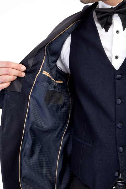 Navy Blue 7 Drop Slim Fit Narrow Cut Pointed Collar Patterned Vest Tuxedo & Groom Suit