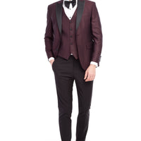 Bordo 7 Drop Slim Fit Dar Kesim Sivri Yaka Desenli Yelekli Smokin & Damatlık