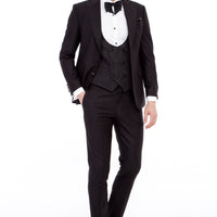 Black 7 Drop Slim Fit Narrow Cut Pointed Collar Patterned Vest Tuxedo & Groom Suit