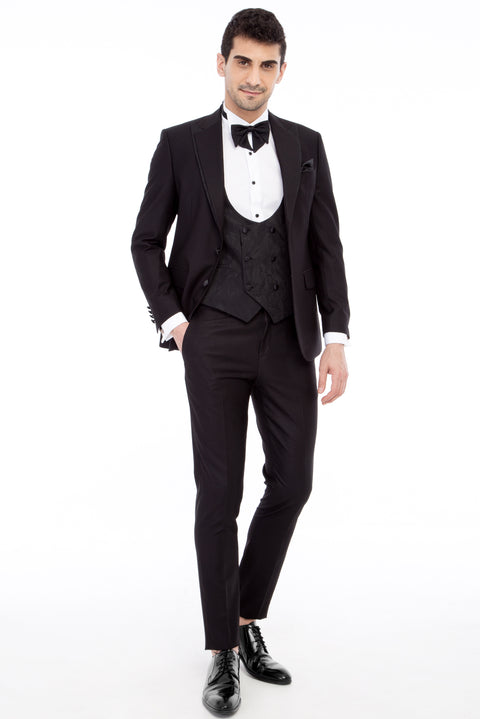 Black 7 Drop Slim Fit Narrow Cut Pointed Collar Patterned Vest Tuxedo & Groom Suit
