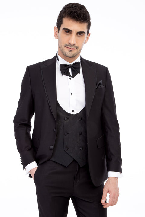 Black 7 Drop Slim Fit Narrow Cut Pointed Collar Patterned Vest Tuxedo & Groom Suit