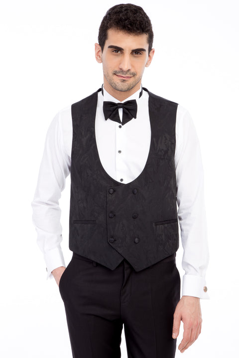 Black 7 Drop Slim Fit Narrow Cut Pointed Collar Patterned Vest Tuxedo & Groom Suit