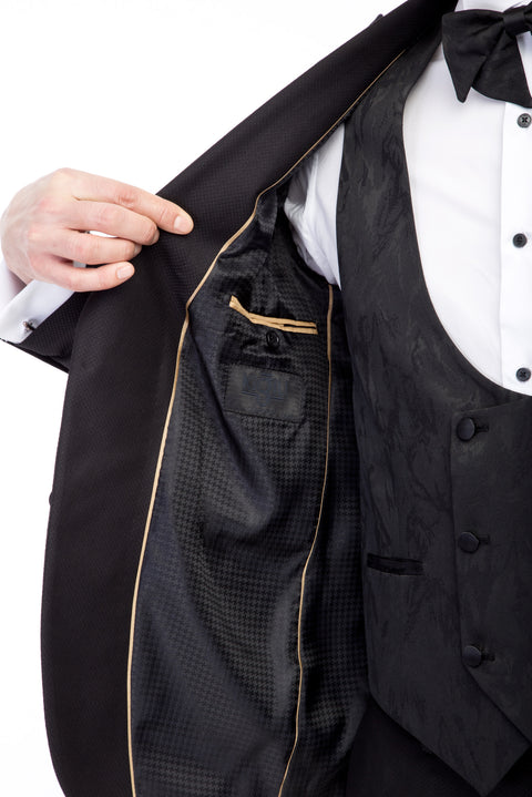 Black 7 Drop Slim Fit Narrow Cut Pointed Collar Patterned Vest Tuxedo & Groom Suit