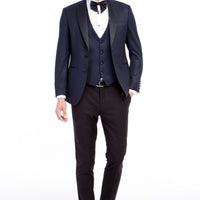 Navy Blue 7 Drop Slim Fit Narrow Cut Mono Collar Patterned Vest Tuxedo & Groom Suit