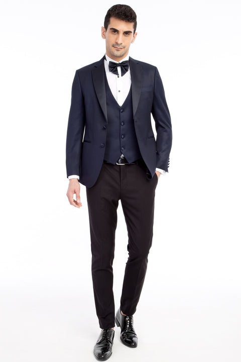 Navy Blue 7 Drop Slim Fit Narrow Cut Mono Collar Patterned Vest Tuxedo & Groom Suit