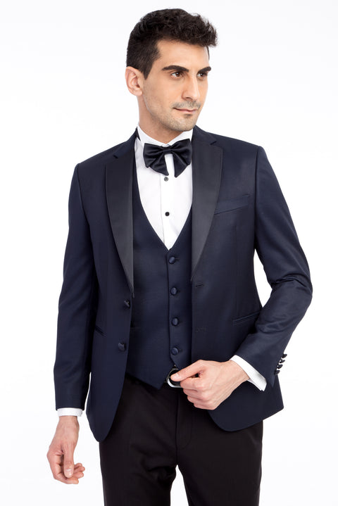 Navy Blue 7 Drop Slim Fit Narrow Cut Mono Collar Patterned Vest Tuxedo & Groom Suit