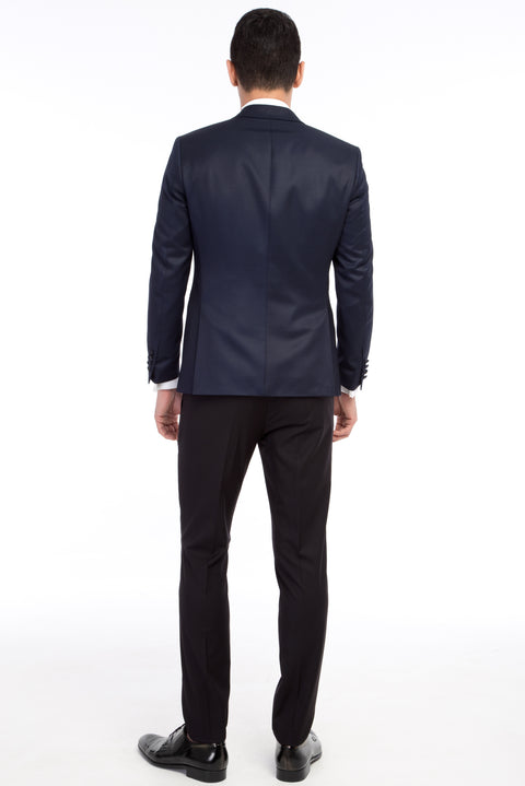 Navy Blue 7 Drop Slim Fit Narrow Cut Mono Collar Patterned Vest Tuxedo & Groom Suit