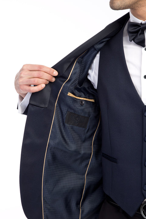 Navy Blue 7 Drop Slim Fit Narrow Cut Mono Collar Patterned Vest Tuxedo & Groom Suit