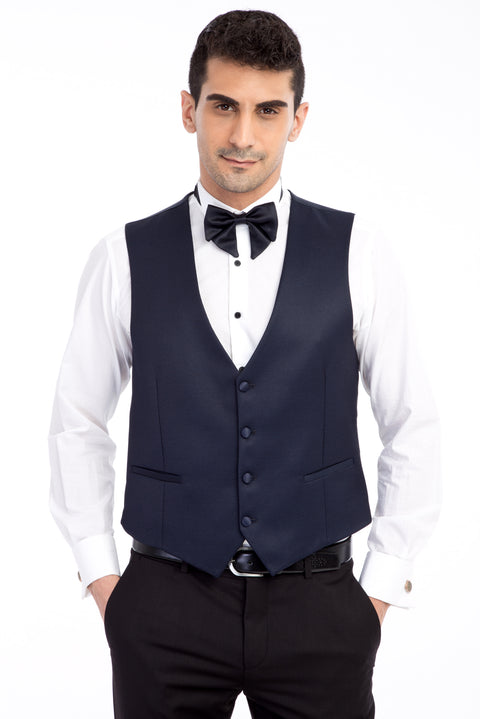 Navy Blue 7 Drop Slim Fit Narrow Cut Mono Collar Patterned Vest Tuxedo & Groom Suit