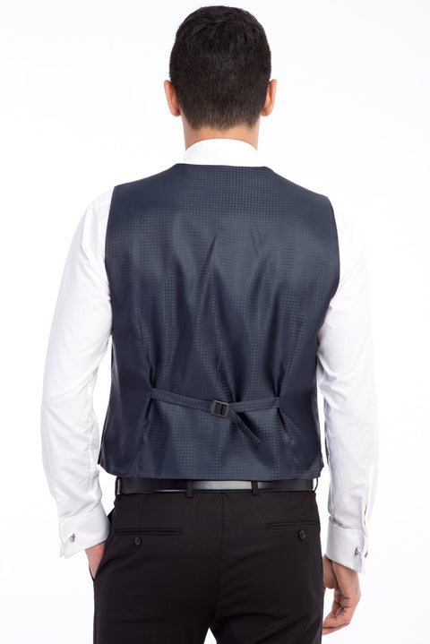 Navy Blue 7 Drop Slim Fit Narrow Cut Mono Collar Patterned Vest Tuxedo & Groom Suit