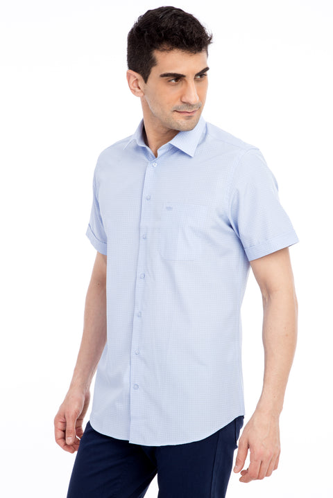 Mavi Kısa Kol Regular Fit Kareli Gömlek
