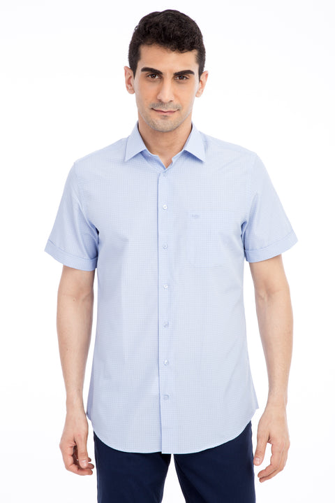 Mavi Kısa Kol Regular Fit Kareli Gömlek