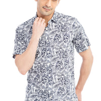 Navy Blue Short-Sleeve Regular Fit Patterned Cotton Shirt