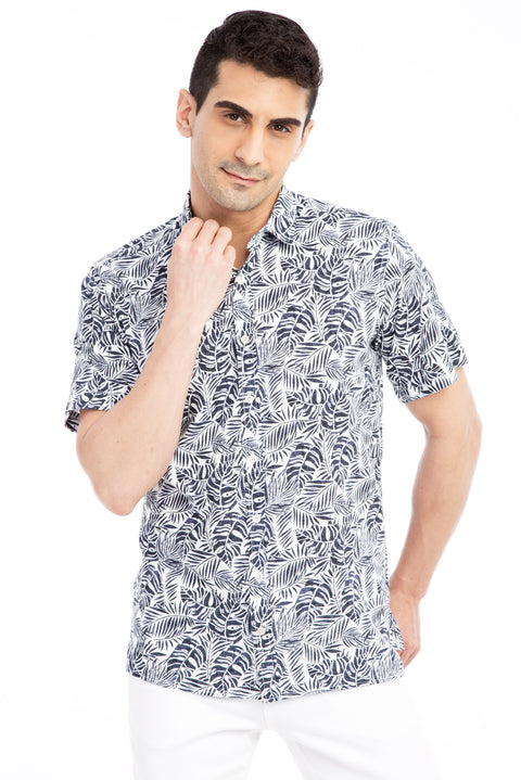 Navy Blue Short-Sleeve Regular Fit Patterned Cotton Shirt