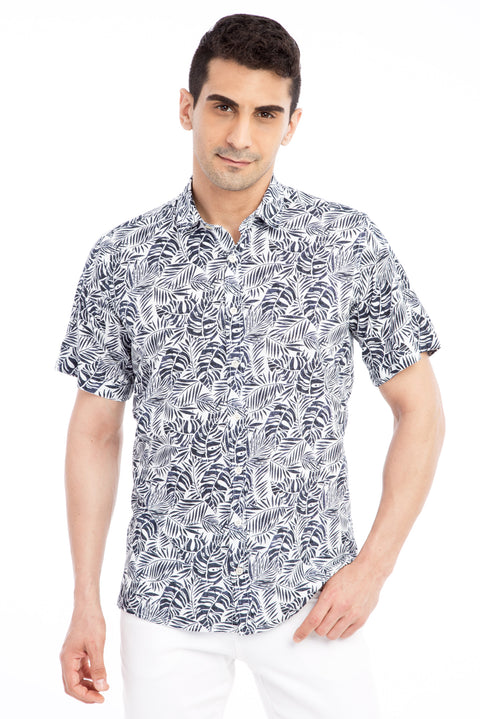 Navy Blue Short-Sleeve Regular Fit Patterned Cotton Shirt