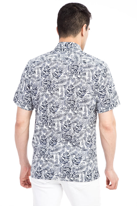 Navy Blue Short-Sleeve Regular Fit Patterned Cotton Shirt