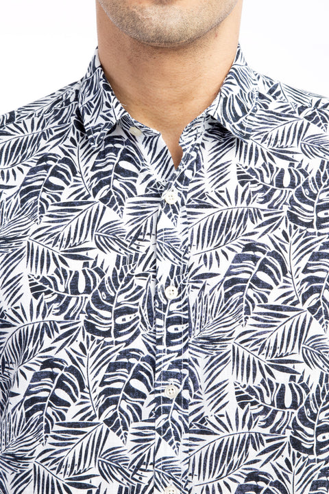 Navy Blue Short-Sleeve Regular Fit Patterned Cotton Shirt