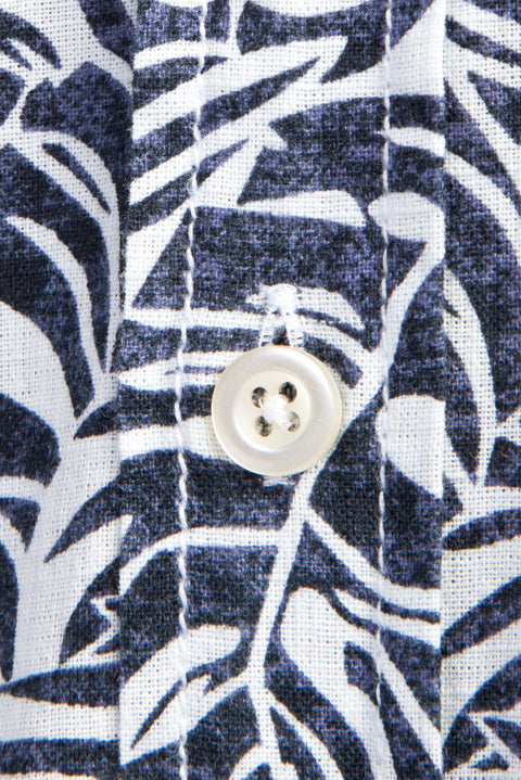 Navy Blue Short-Sleeve Regular Fit Patterned Cotton Shirt