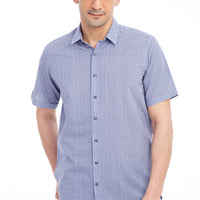 Dark Blue Short Sleeve Regular Fit Patterned Cotton Shirt