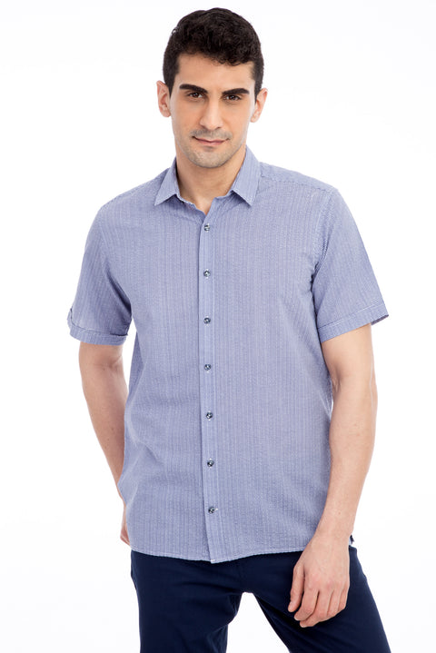 Dark Blue Short Sleeve Regular Fit Patterned Cotton Shirt