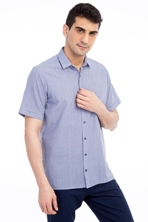 Dark Blue Short Sleeve Regular Fit Patterned Cotton Shirt