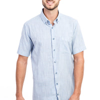 Blue Short-Sleeved Patterned Cotton Shirt