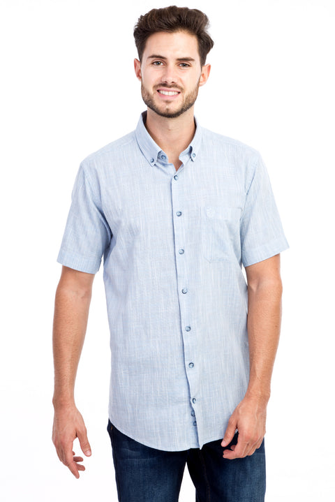 Blue Short-Sleeved Patterned Cotton Shirt