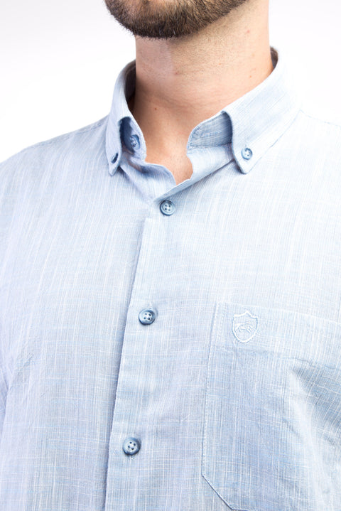 Blue Short-Sleeved Patterned Cotton Shirt