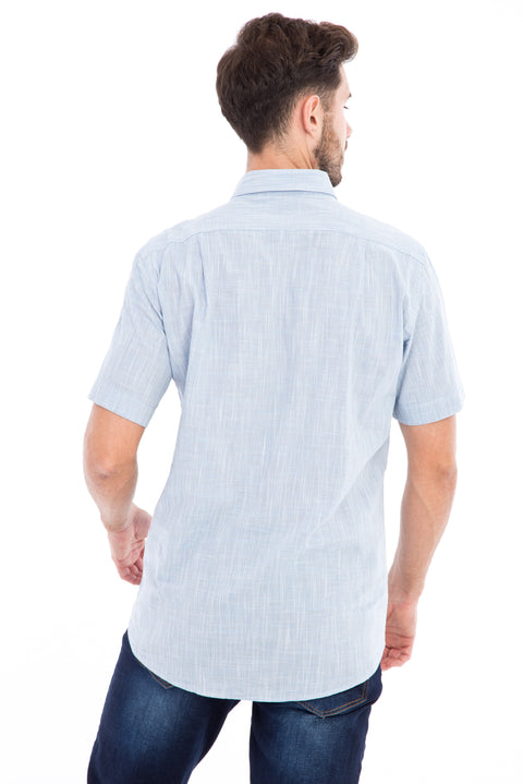 Blue Short-Sleeved Patterned Cotton Shirt