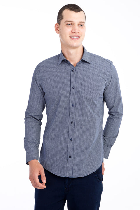 Navy Blue Long Sleeve Patterned Slim Fit Narrow Cut Cotton Shirt