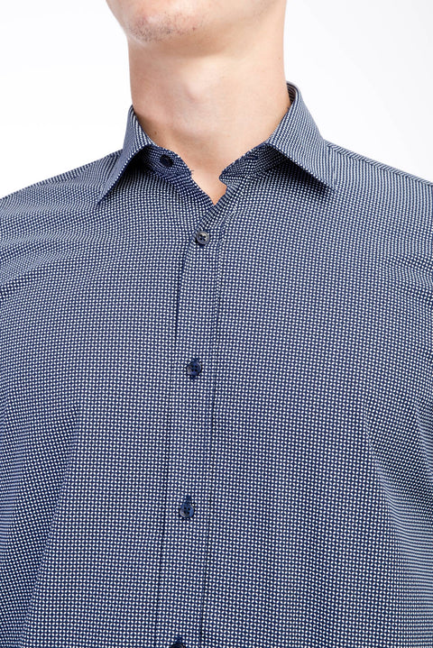 Navy Blue Long Sleeve Patterned Slim Fit Narrow Cut Cotton Shirt