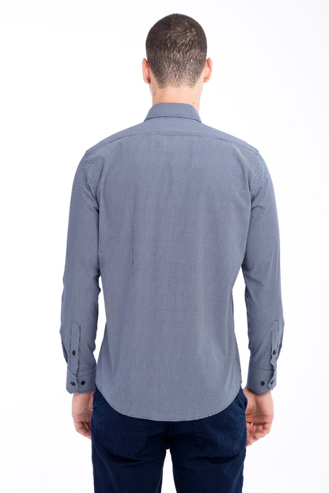 Navy Blue Long Sleeve Patterned Slim Fit Narrow Cut Cotton Shirt