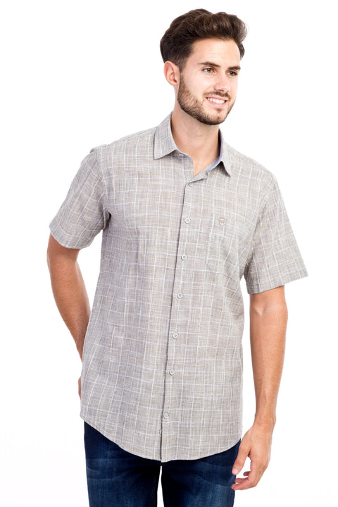Light Brown - Camel Short Sleeve Regular Fit Plaid Cotton Shirt