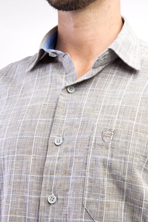 Light Brown - Camel Short Sleeve Regular Fit Plaid Cotton Shirt