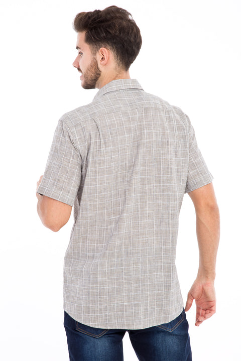 Light Brown - Camel Short Sleeve Regular Fit Plaid Cotton Shirt