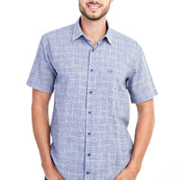 Dark Blue Short Sleeve Regular Fit Plaid Cotton Shirt