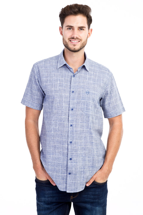Dark Blue Short Sleeve Regular Fit Plaid Cotton Shirt