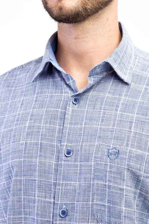 Dark Blue Short Sleeve Regular Fit Plaid Cotton Shirt