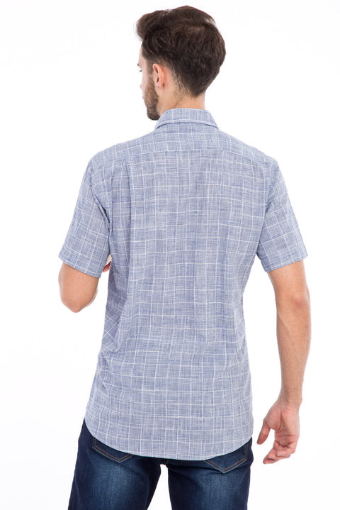 Dark Blue Short Sleeve Regular Fit Plaid Cotton Shirt