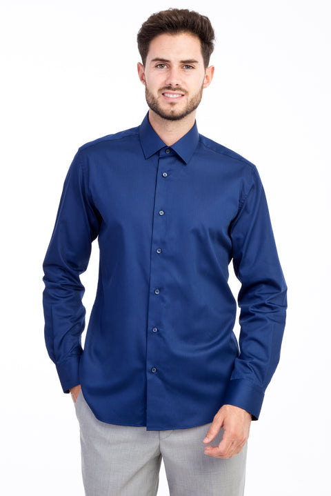 Navy Blue Long Sleeve Non-Iron Satin Slim Fit Shirt