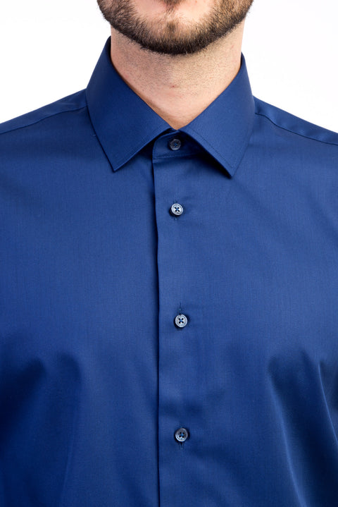 Navy Blue Long Sleeve Non-Iron Satin Slim Fit Shirt