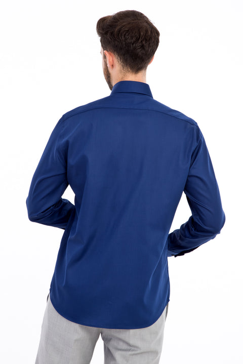 Navy Blue Long Sleeve Non-Iron Satin Slim Fit Shirt