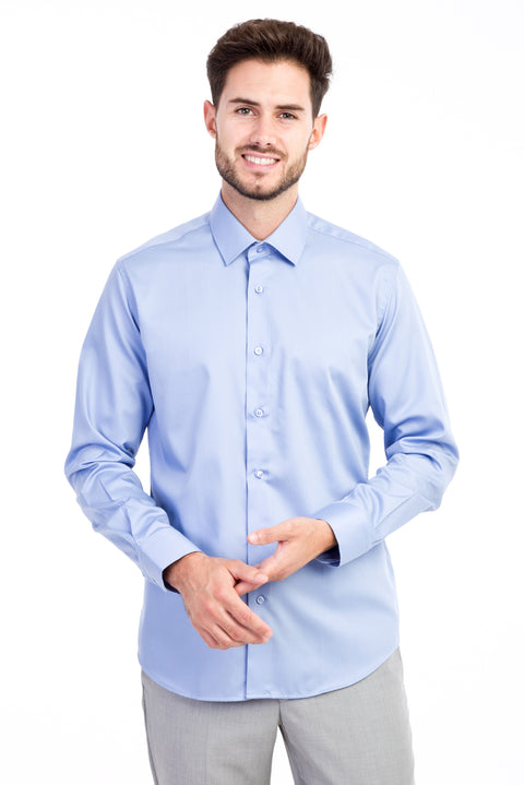 Mavi Uzun Kol Non Iron Slim Fit Dar Kesim Saten Gömlek