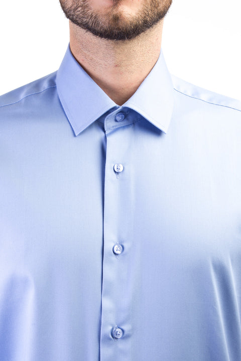 Mavi Uzun Kol Non Iron Slim Fit Dar Kesim Saten Gömlek