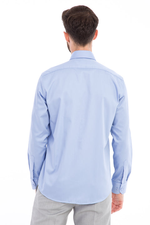 Mavi Uzun Kol Non Iron Slim Fit Dar Kesim Saten Gömlek