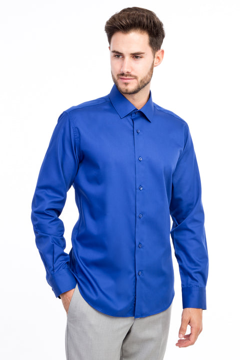 Blue Long Sleeve Slim Fit Narrow Cut Non-Iron Satin Shirt