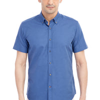 Navy Blue Short-Sleeved Patterned Slim Fit Cotton Shirt