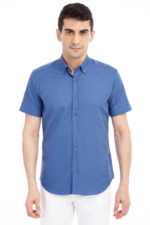 Navy Blue Short-Sleeved Patterned Slim Fit Cotton Shirt